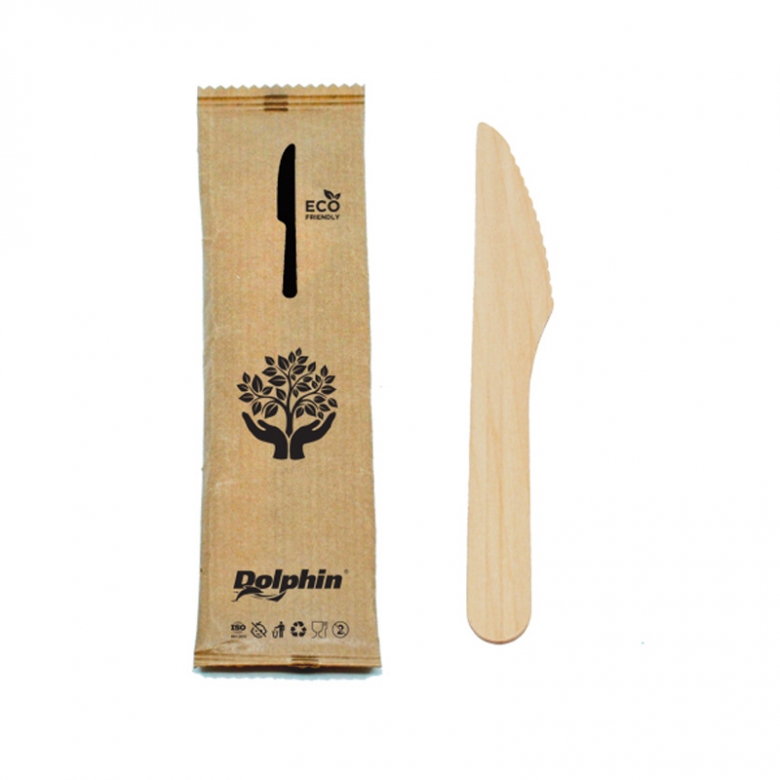 DISPOSABLE WOODEN KNIFE 16 CM WRAPPED IN KRAFT PAPER