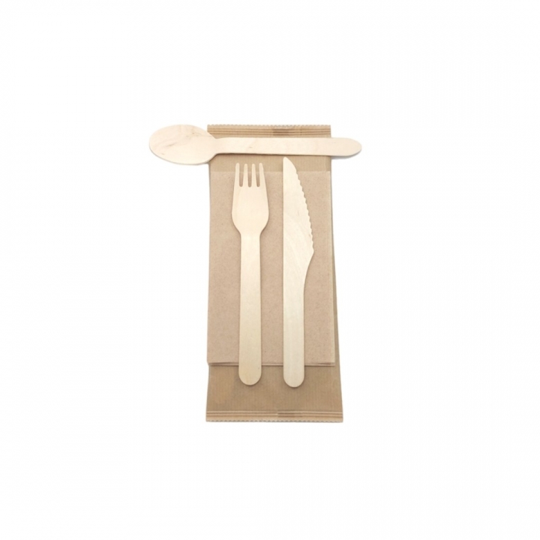 Wooden Cutlery Set (Knife+Fork+Spoon+Kraft Paper Napkin)