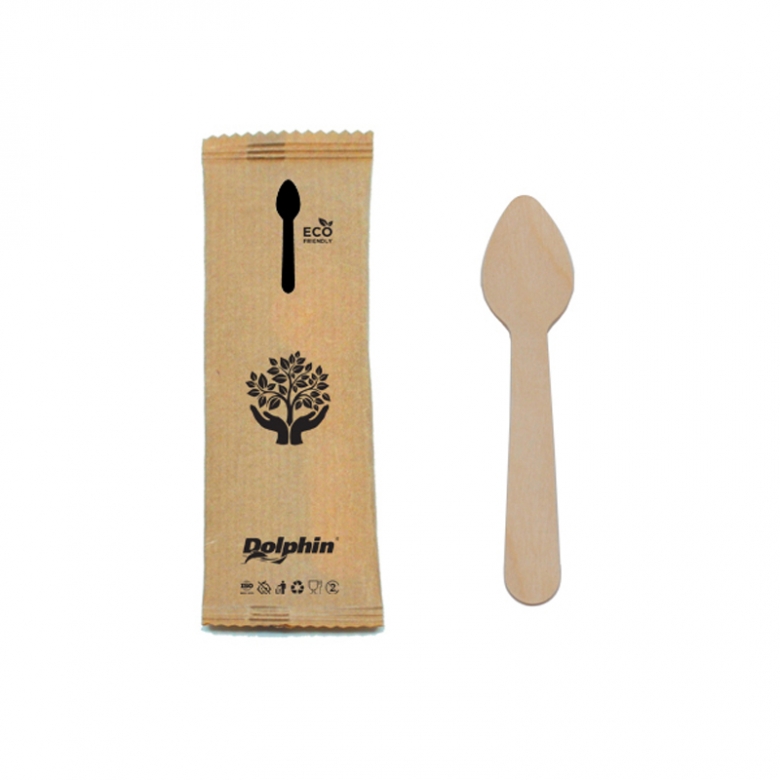 WOODEN DISPOSABLE SMALL SPOON 11 CM WRAPPED IN KRAFT PAPER