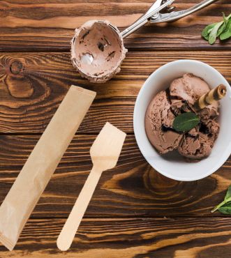 DISPOSABLE WOODEN ICE CREAM SPOON 9.5 CM WRAPPED IN KRAFT PAPER