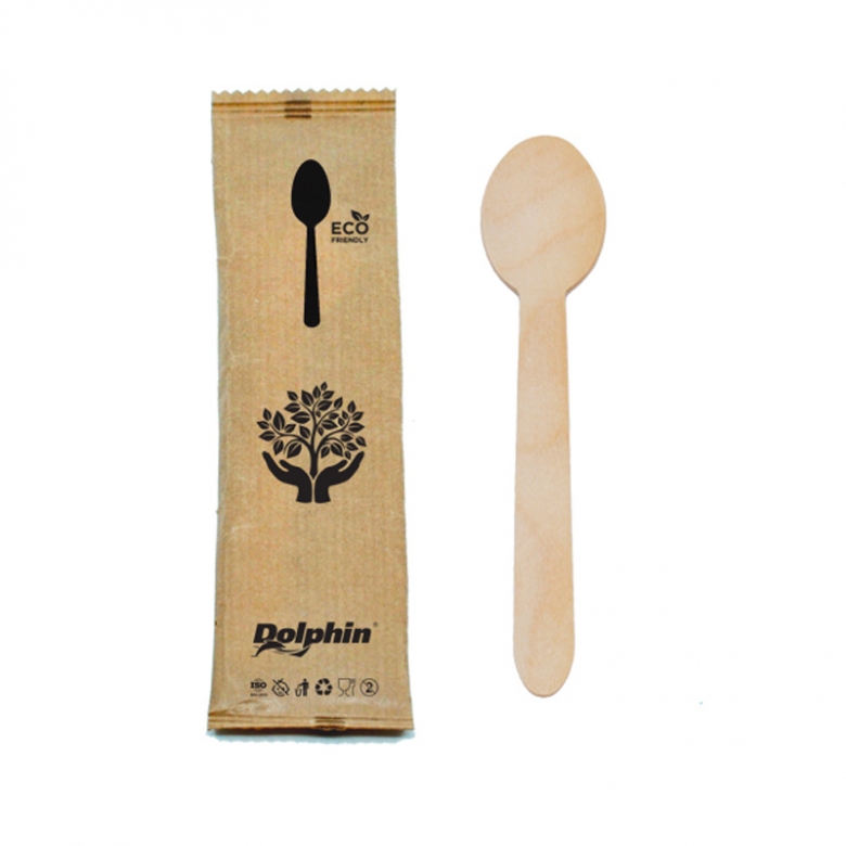DISPOSABLE WOODEN SPOON 16 CM WRAPPED IN KRAFT PAPER