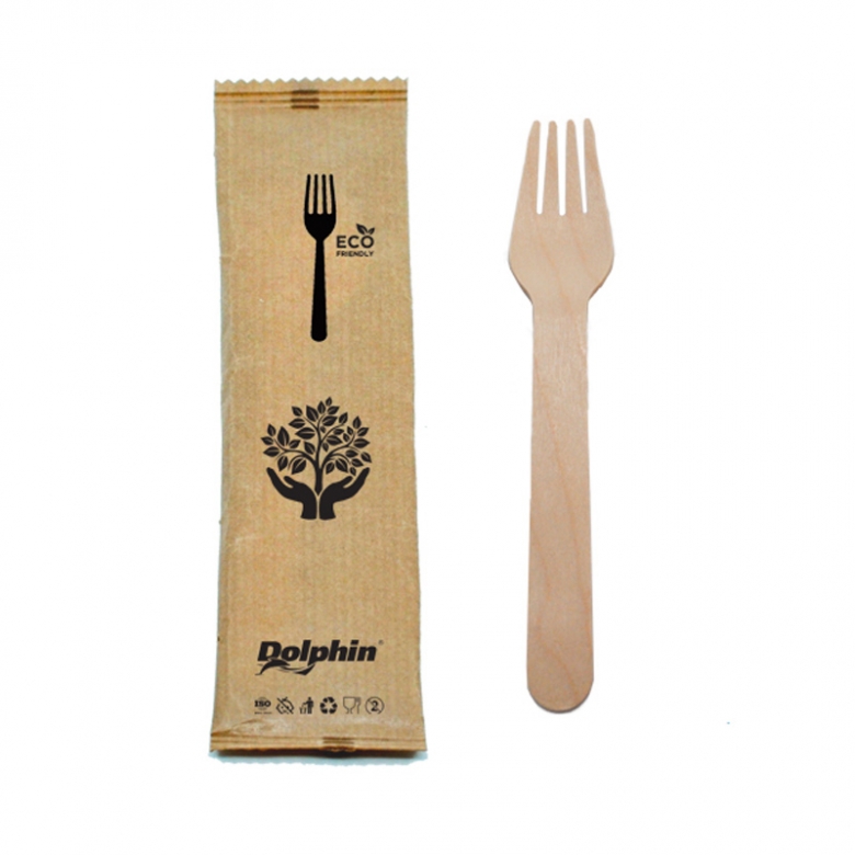 DISPOSABLE WOODEN FORK 16 CM WRAPPED IN KRAFT PAPER