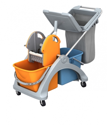 PROFESSIONAL CLEANING TROLLEY 2χ25lt WITH BASE AND LID FOR GARBAGE BAG 
